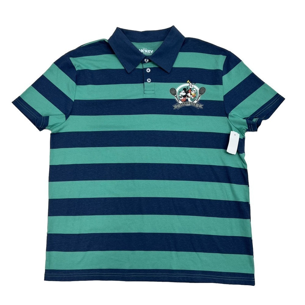 Disney Mickey and Friends Tennis Club Polo Shirt Mens XL Striped Blue Green NEW